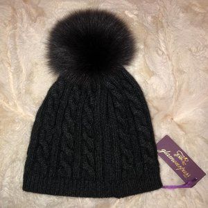 NWT REAL FUR Cable Beanie with Pom Pom